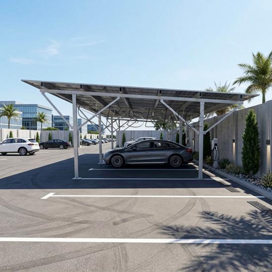 Modern solar carport structure providing clean solar power and reliable vehicle shading solutions Modern solar carport structure providing clean solar power and reliable vehicle shading solutions